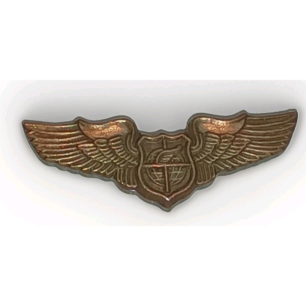 Vintage WWII Military Bronze-Tone Lapel Hat Pin With Wings Shield & Globe